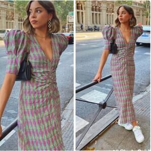 NWT  Zara Plaid Geometric Print Midi Dress Sz XS